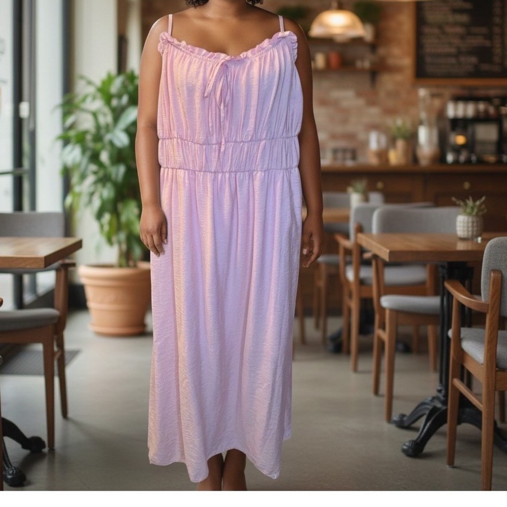 Primark Pink Textured Ruffled Maxi Dress Smocked Waist Spaghetti Strap Size 16